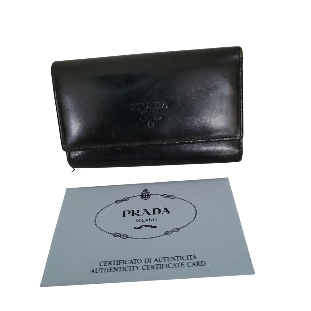Prada Black Leather 6-Ring Key Holder Wallet Tri-Fold Small Logo Case Vintage
